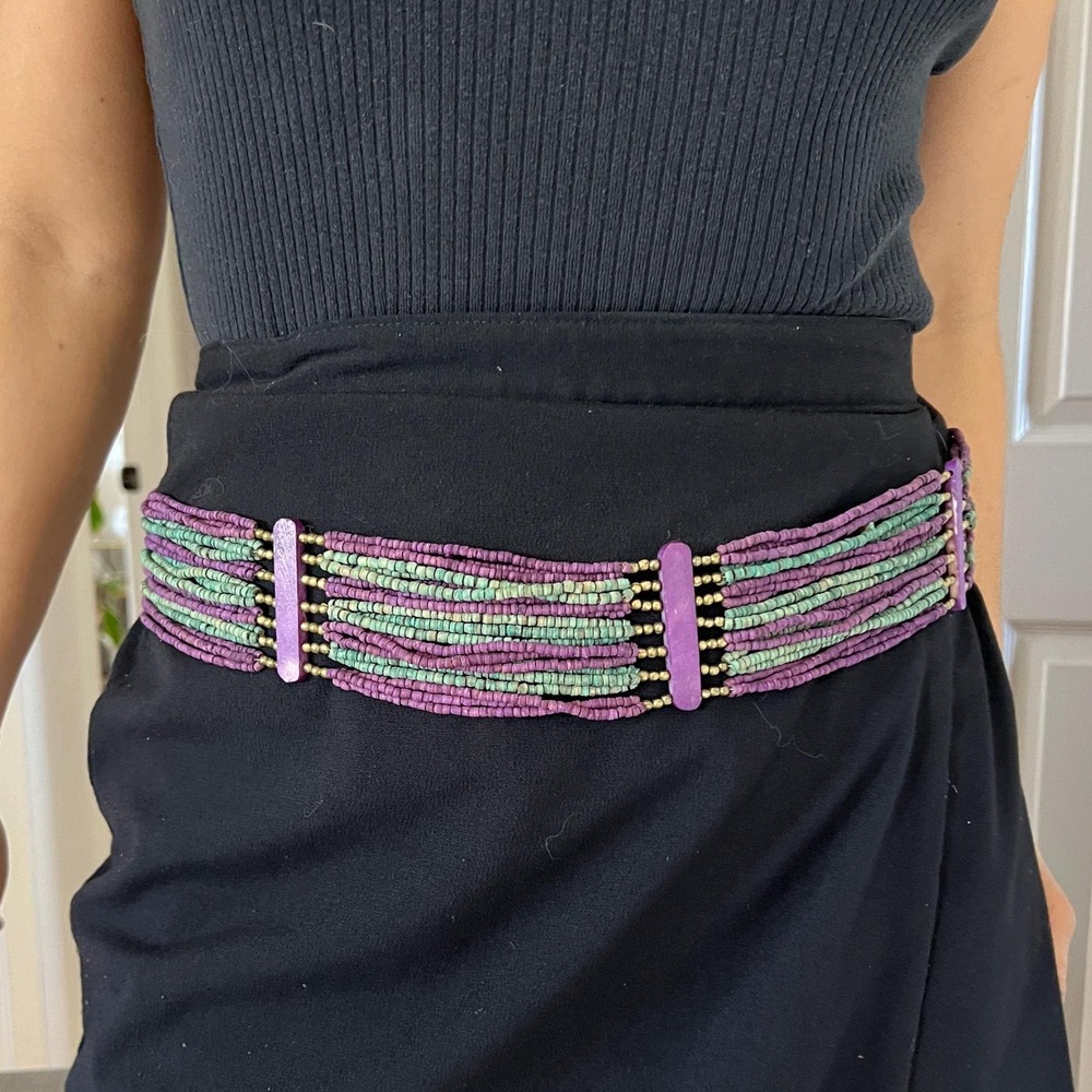 Vintage slinky multi strand wooden beaded‎ waist belt boho market purple green